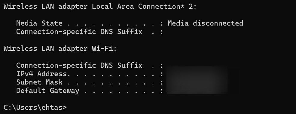 Getting an IPv4 address from the Command Prompt.