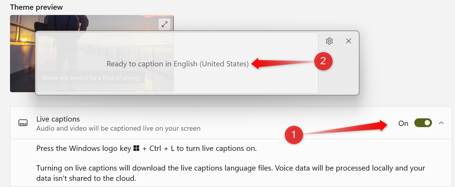 Turning on the Live Captions feature in the settings app on Windows.