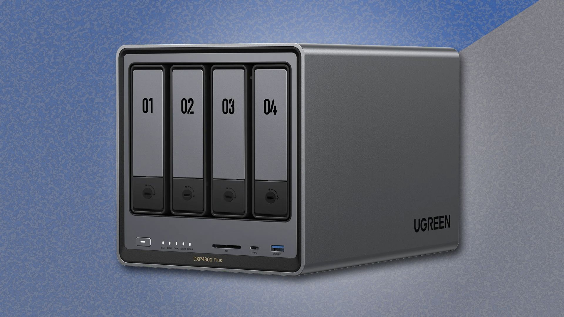The UGREEN DXP4800 Plus on a blue and gray background.