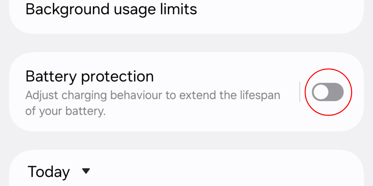 Battery protection toggle in the Battery settings menu on the Galaxy S25.