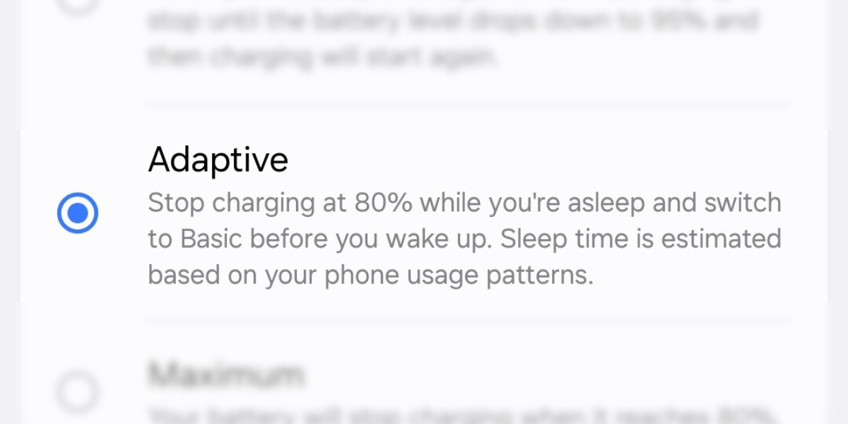 Screenshot of the Adaptive battery protection profile on the Galaxy S25.