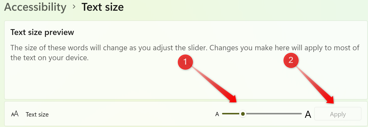 Changing the text size in the Settings app on Windows.