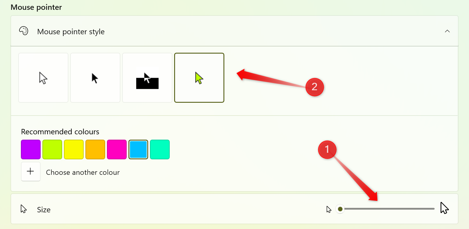 Adjusting the mouse pointer size and style in the Settings app on Windows.