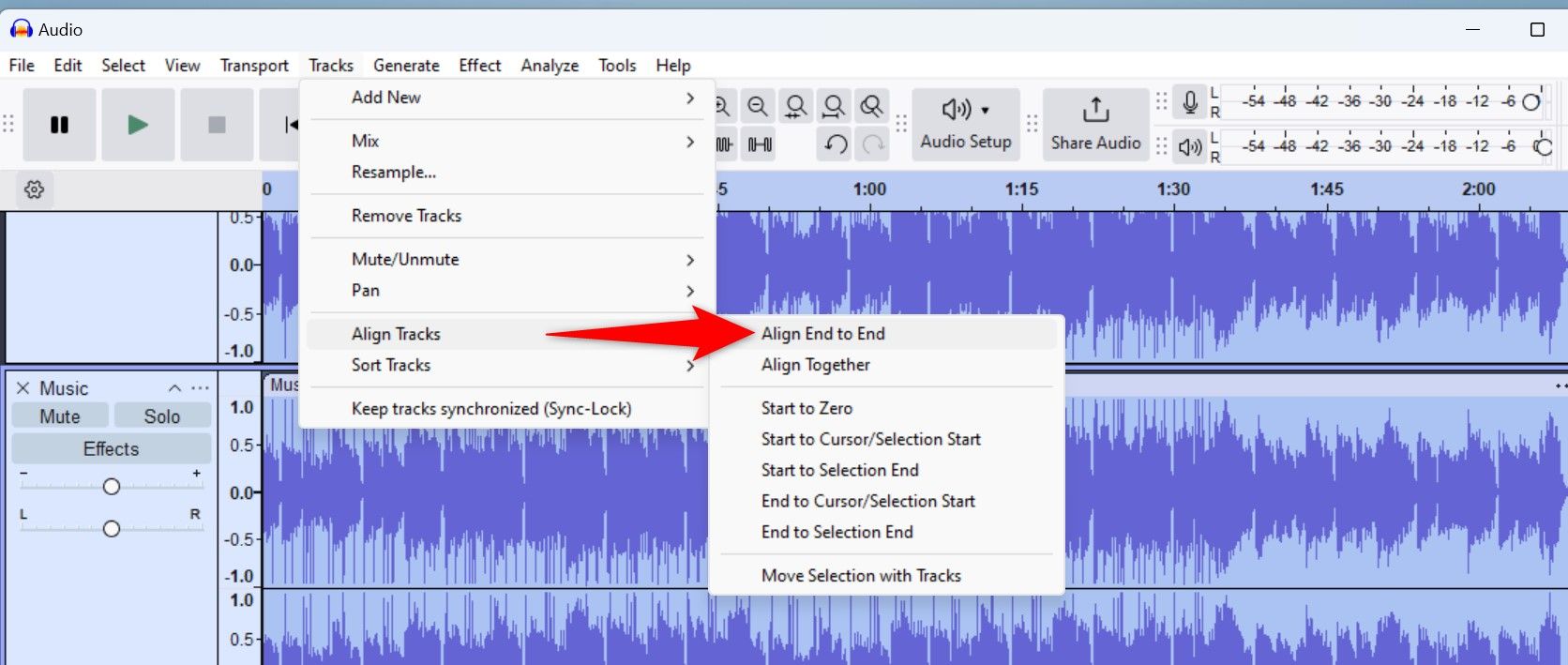 Tracks > Align Tracks > Align End to End highlighted in Audacity.