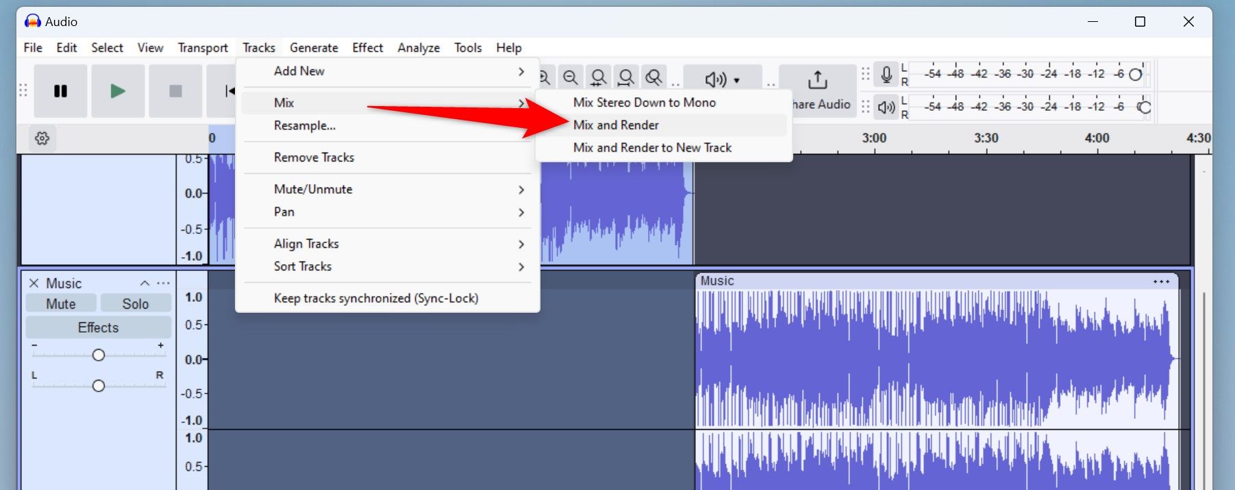 Tracks > Mix > Mix and Render highlighted in Audacity.