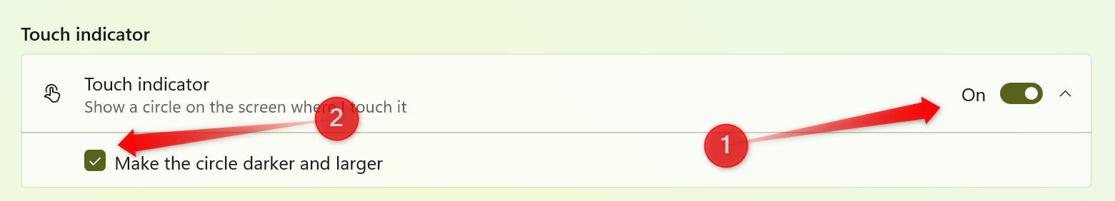 Enabling the touch indicator in the Settings app on Windows.