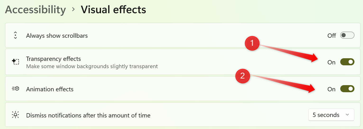 Tweaking the visual effects settings in the Settings app on Windows.