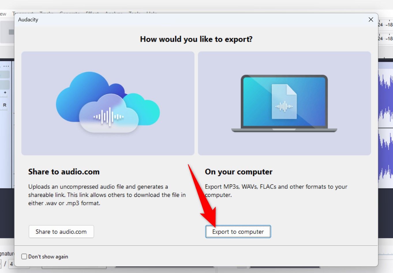 "Export to Computer" highlighted on a window in Audacity.