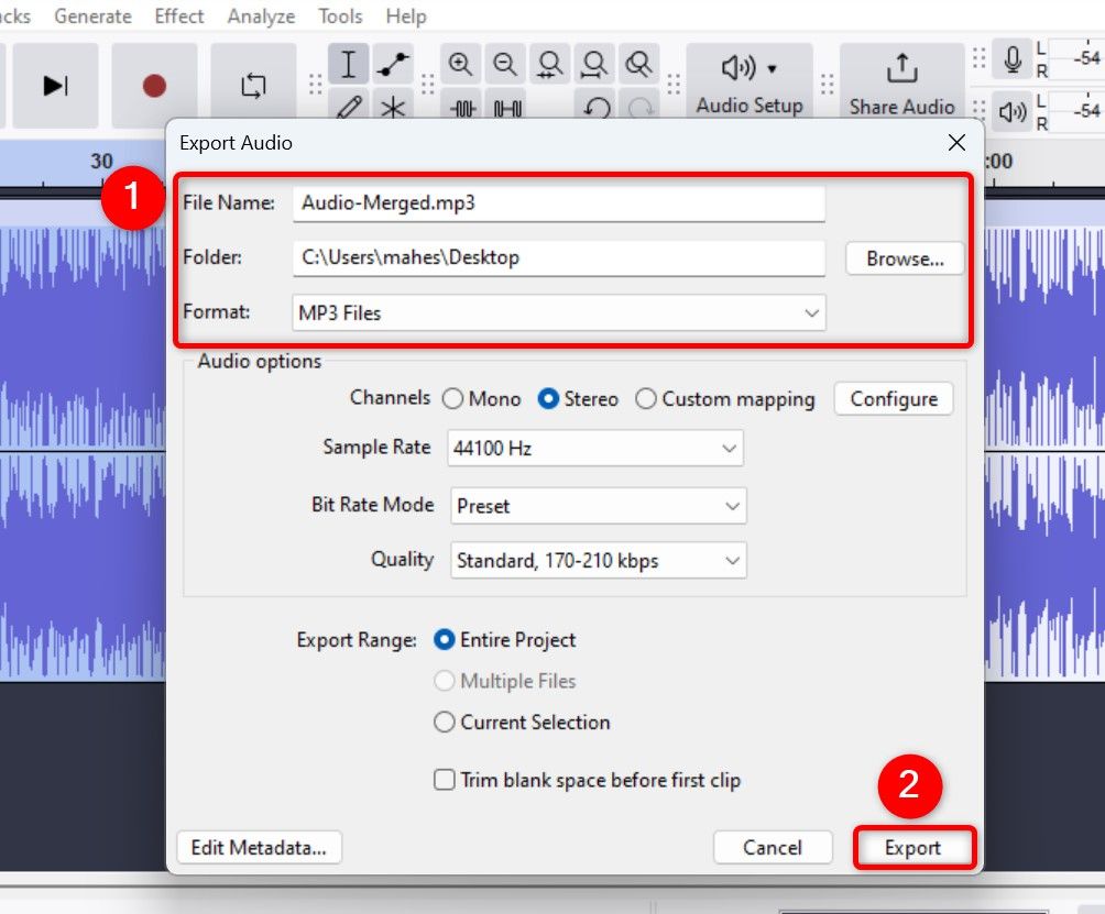 File options and "Export" highlighted on a window in Audacity.