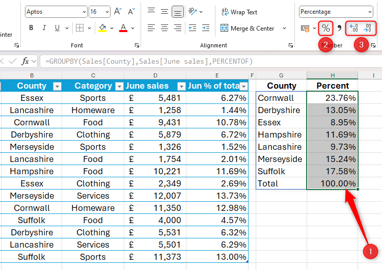A column of data in Excel is selected, and the Percentage and Increase and Decrease Decimal buttons are highlighted.