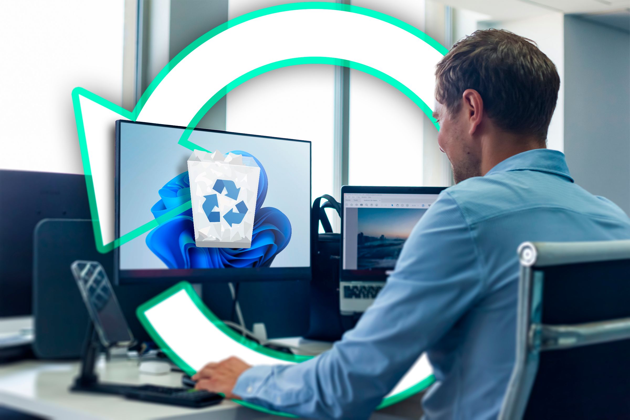 A man looking at a Windows PC screen with the Recycle Bin icon on it and a restore icon surrounding the image.