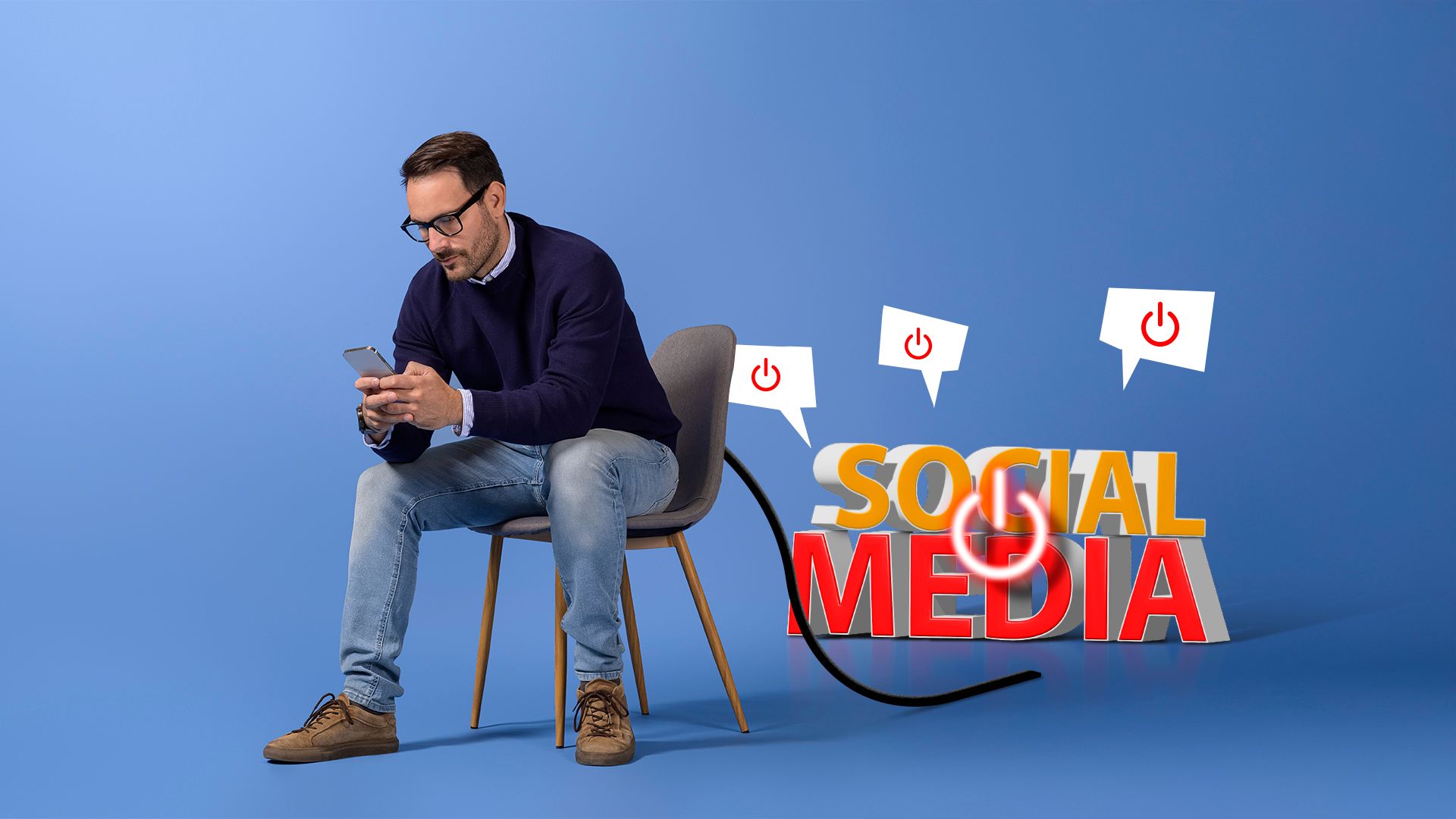 A man sitting in a chair using his phone, with 'Social Media' written in the background along with power-off icons.