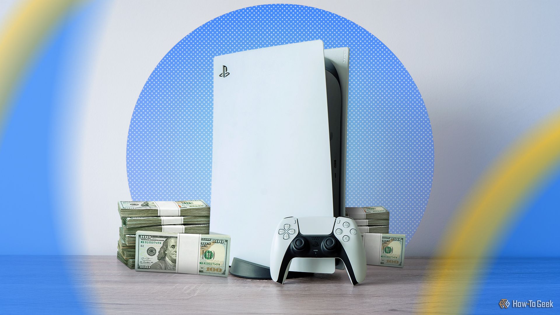 A PlayStation 5 with a stack of money beside it.