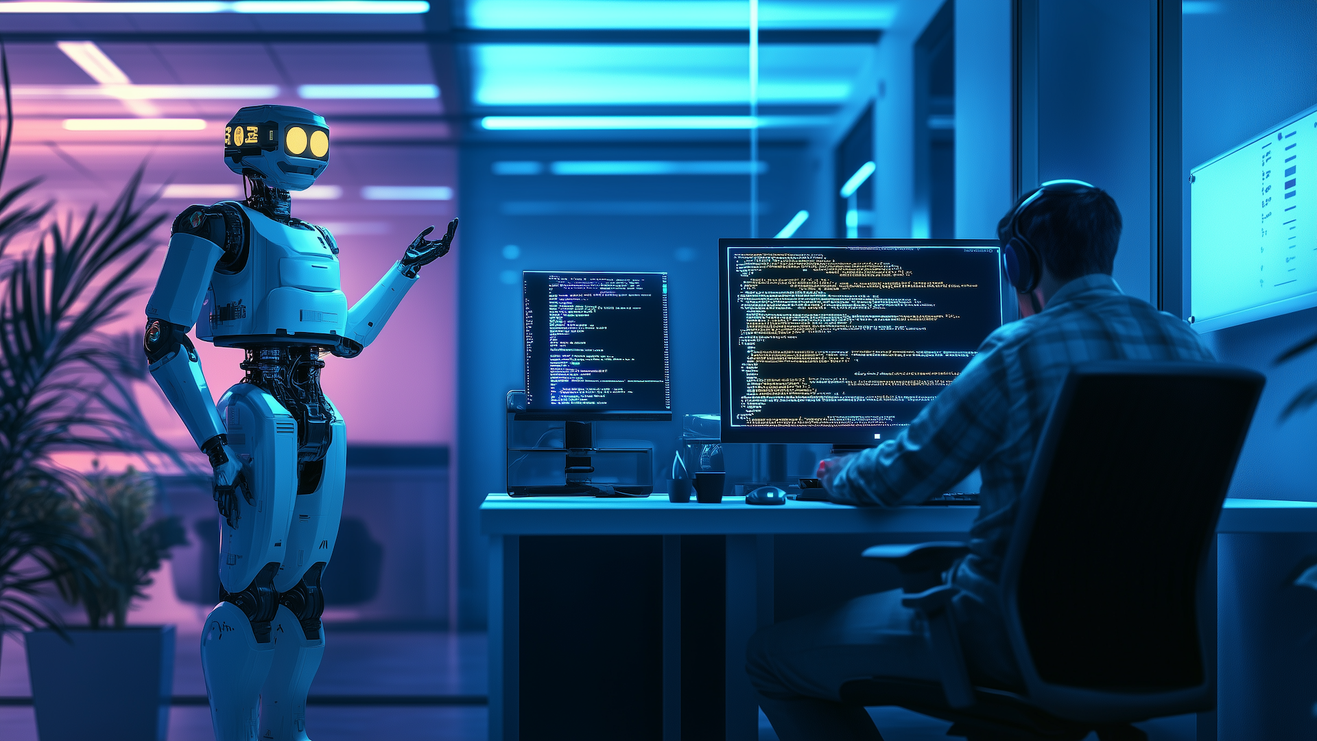 A robot dictates computer code to a human being seated at a computer.