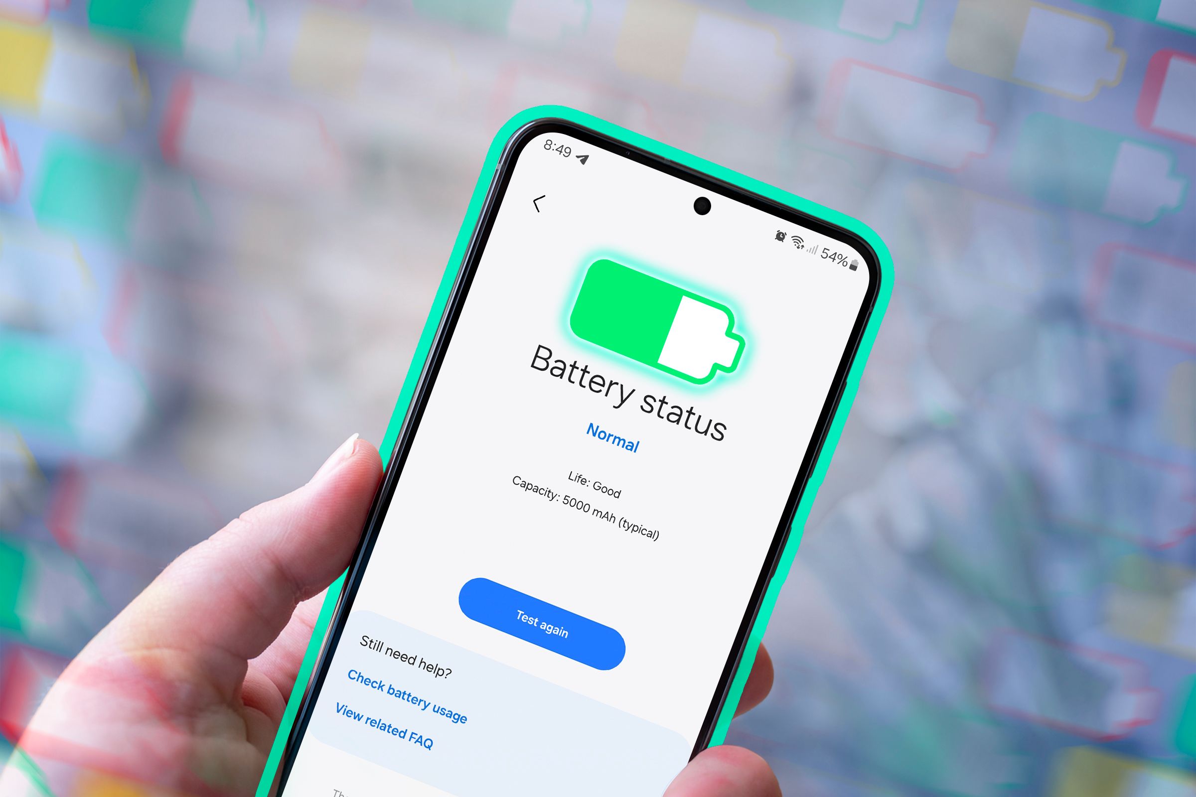 A samsung phone with the battery status screen.