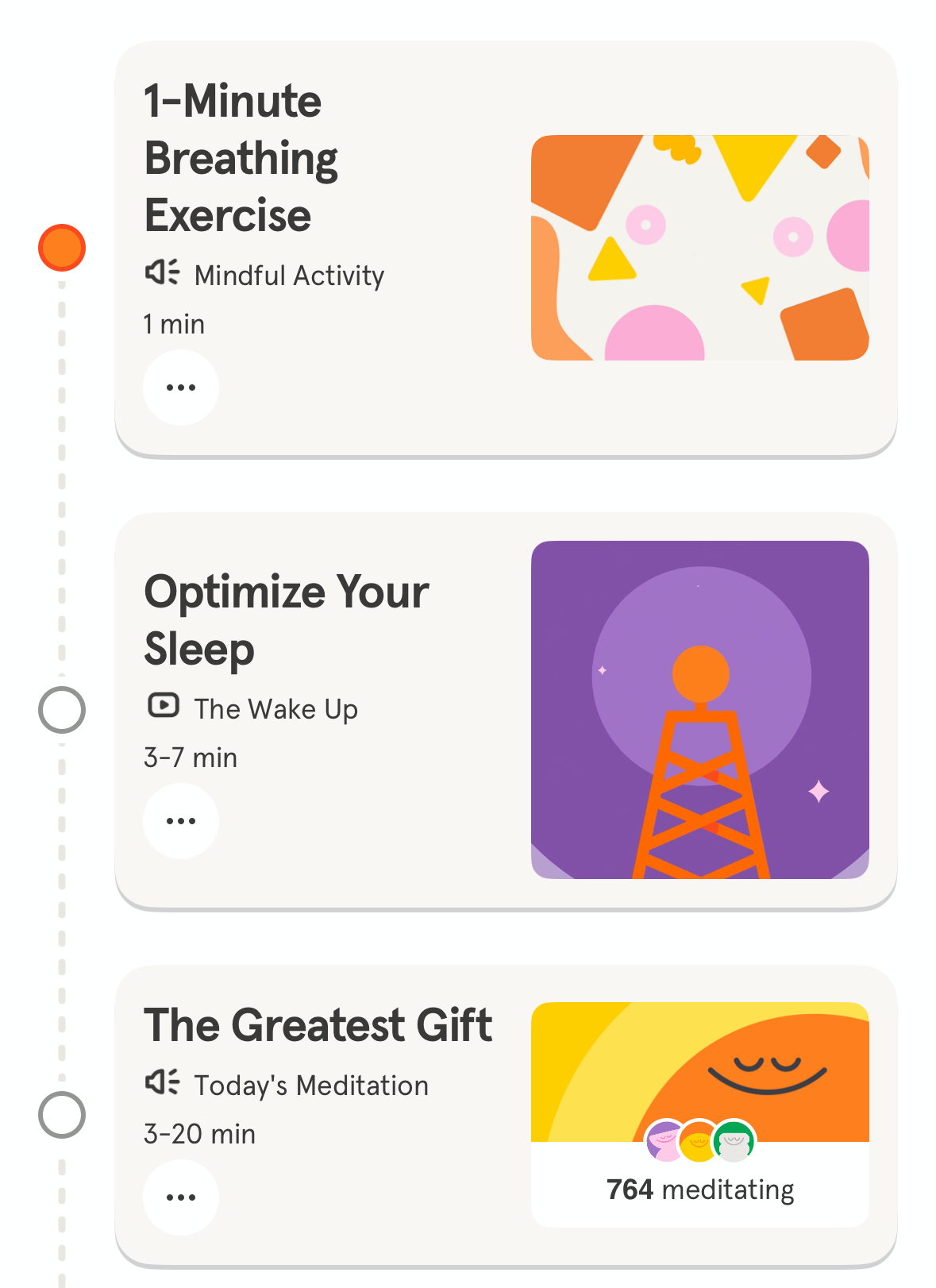 A schedule of mindfulness exercises in the Headspace app.