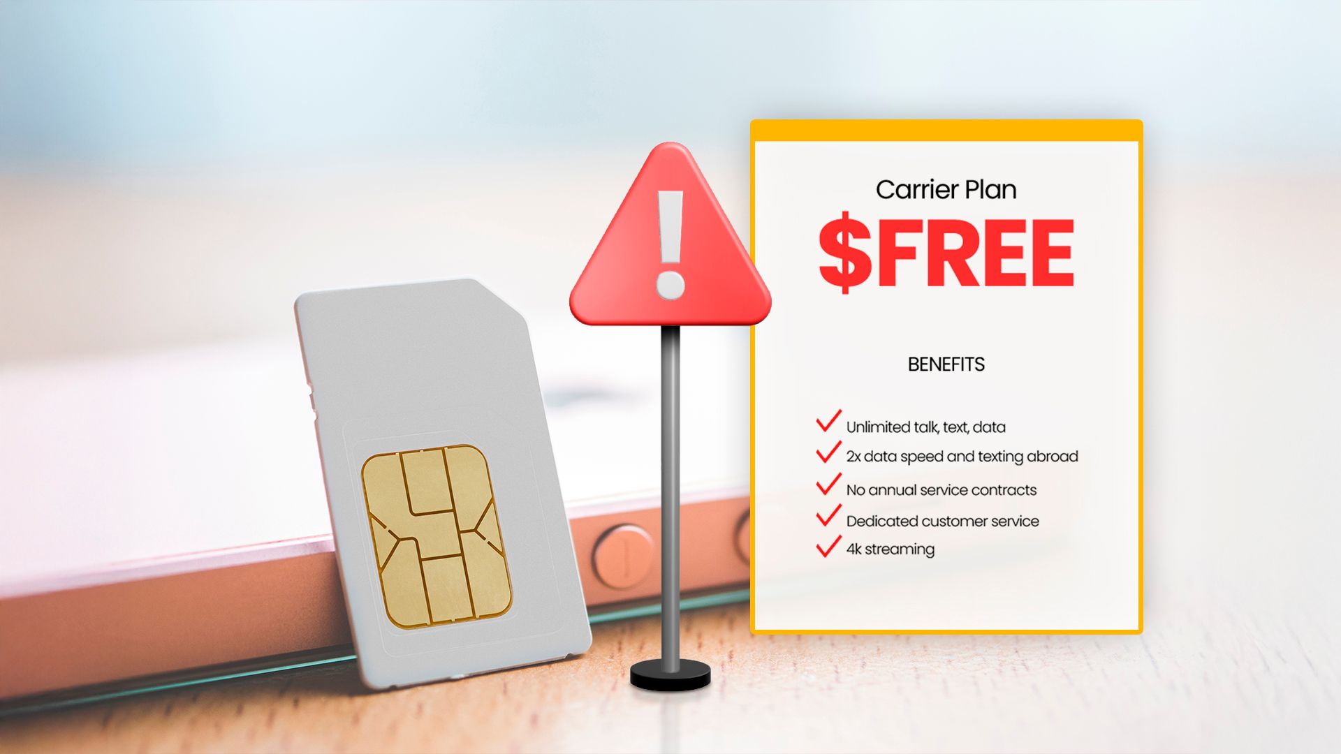 A SIM card next to a phone, a carrier plan, and a warning sign in the center.