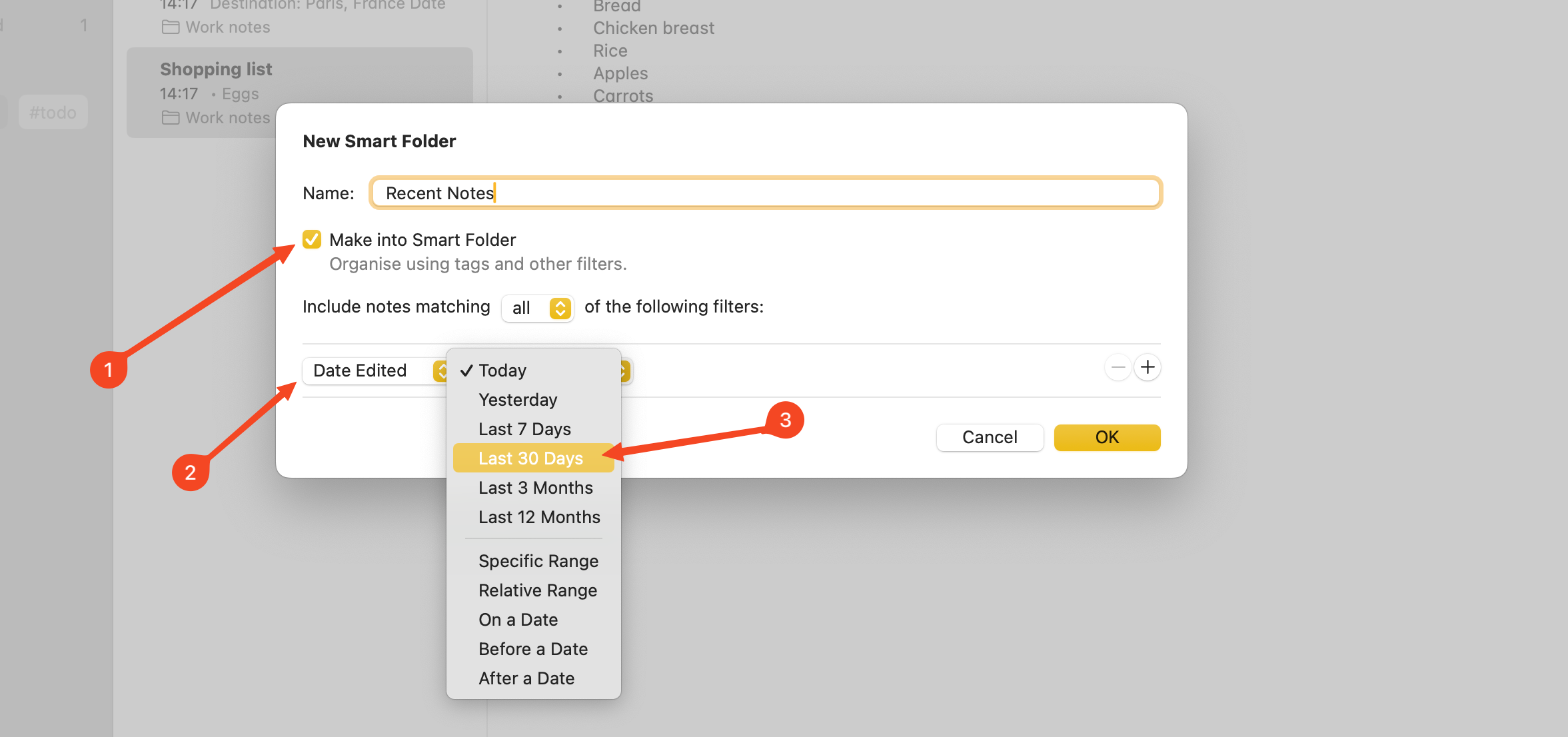 A Smart Folder being set up in Notes.