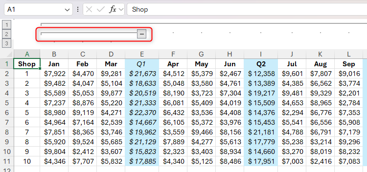 A subgroup of columns in Excel, with the grouping line and minus sign that indicate this group highlighted.