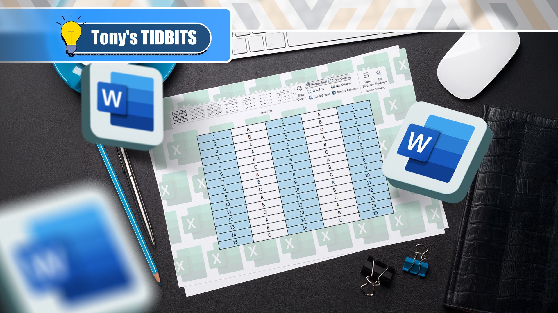 A table with a sheet containing an Excel table in Word, and Word logos around it.