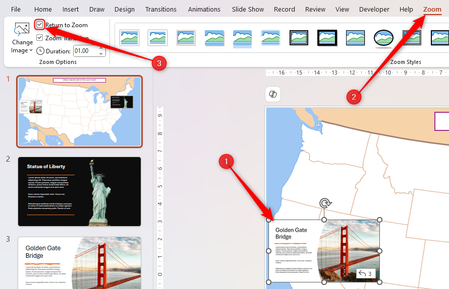 A thumbnail slide is selected in PowerPoint, and the Return To Zoom checkbox in the Zoom tab on the ribbon is checked.