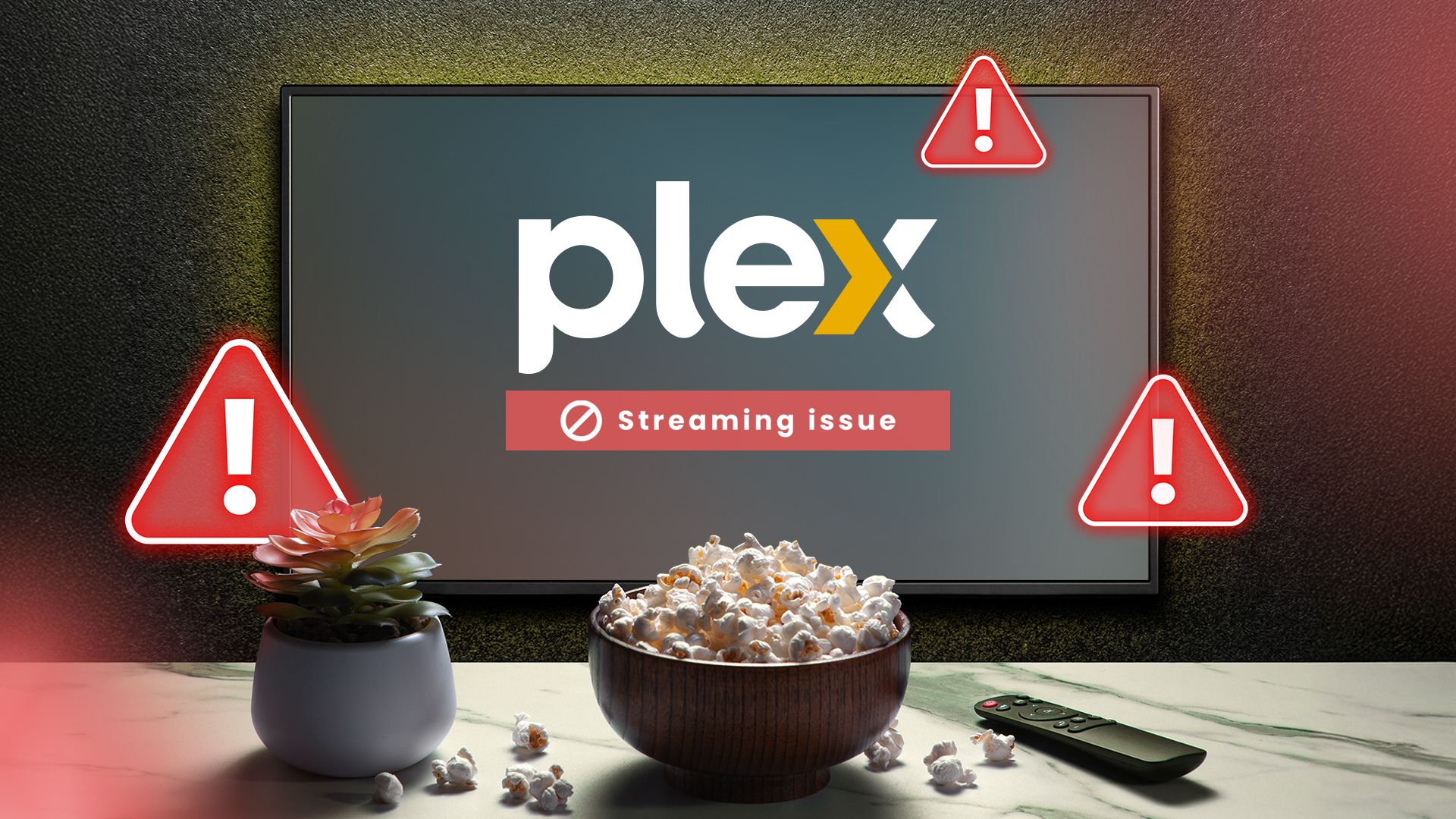 A TV with the Plex logo displaying a streaming error, with a popcorn bucket and a remote control in front.