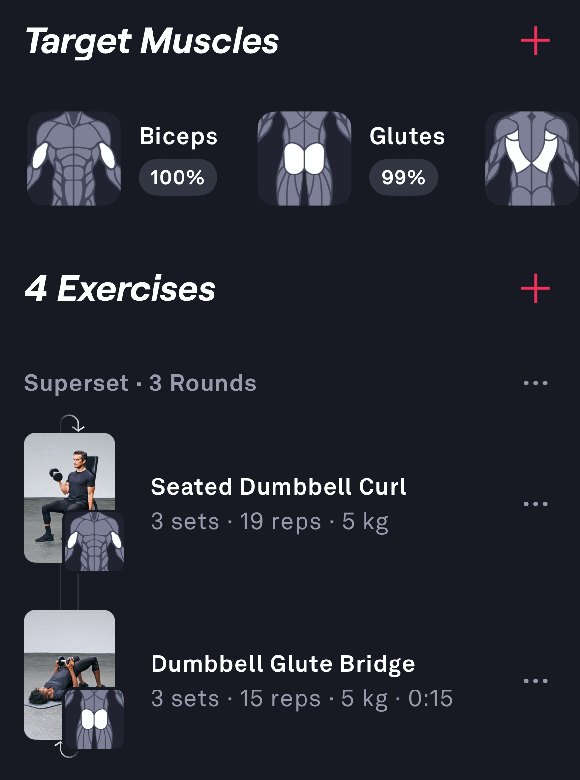 A workout routine in the Fitbod app.