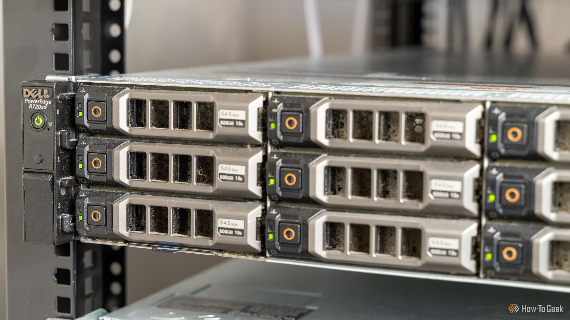 The front of the Dell R720xd storage server with hard drive bays.