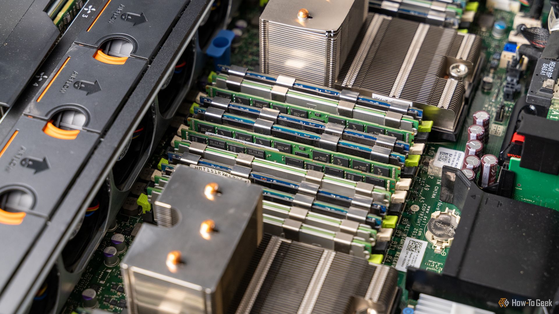 Inside of a Dell R720xd storage server with all of the RAM slots populated.