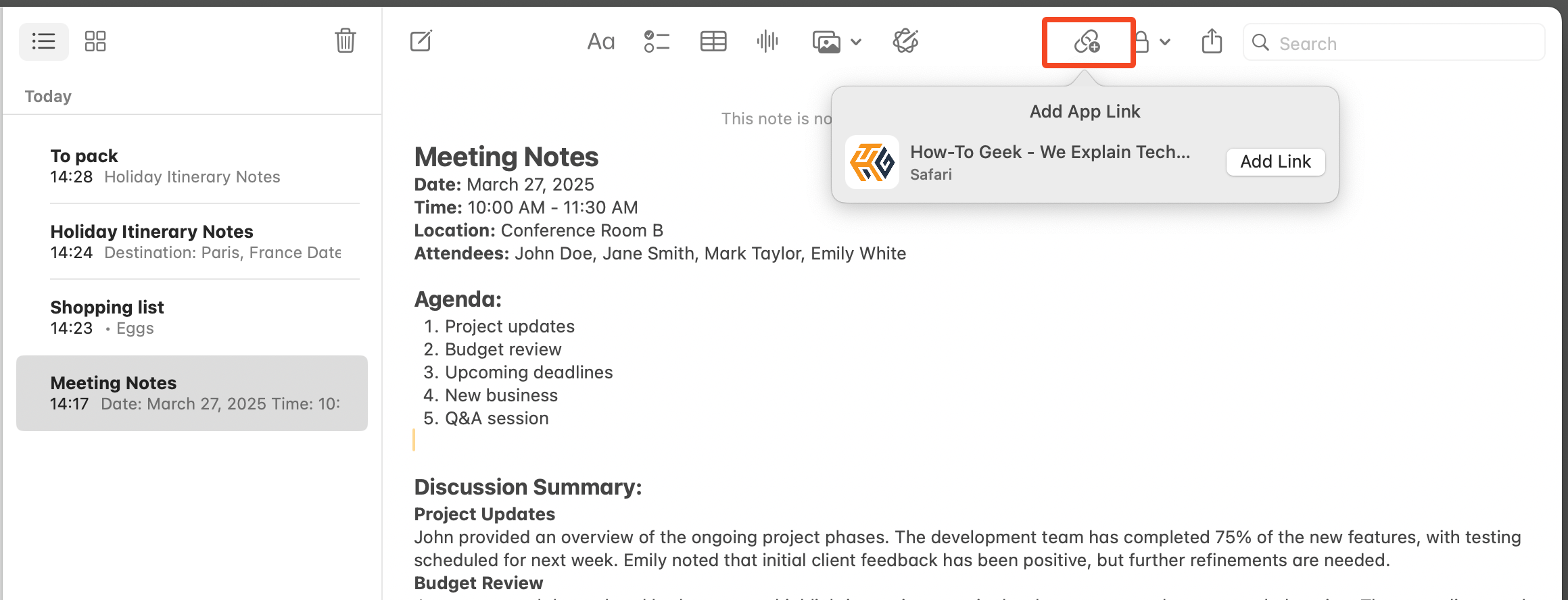 Add a link in Apple Notes.