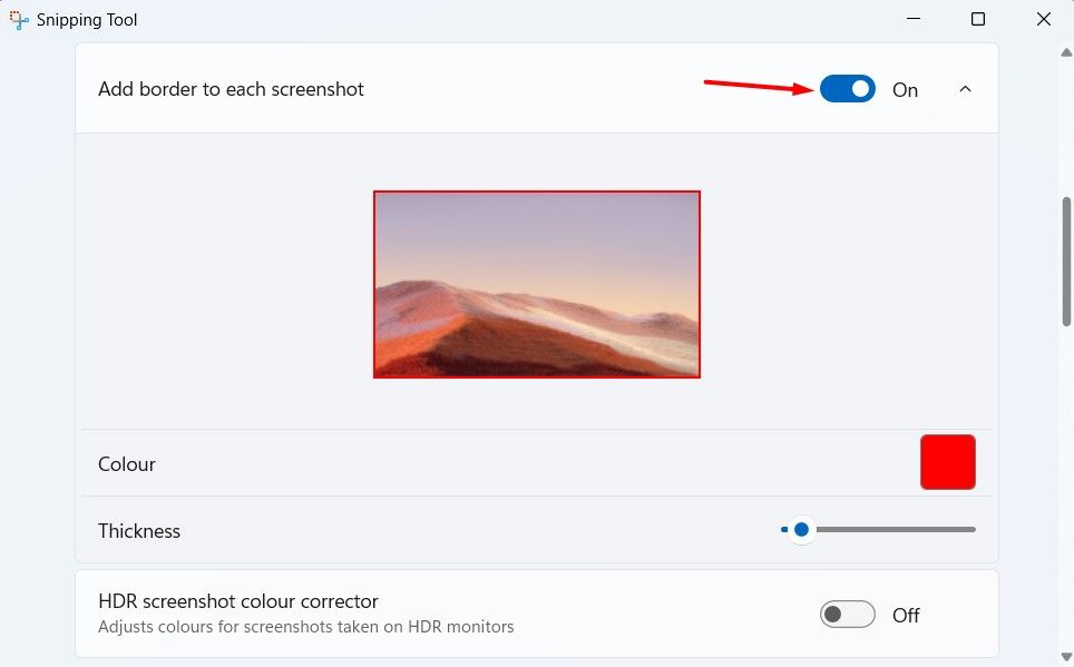 Add borders to each screenshot option in the Settings app.