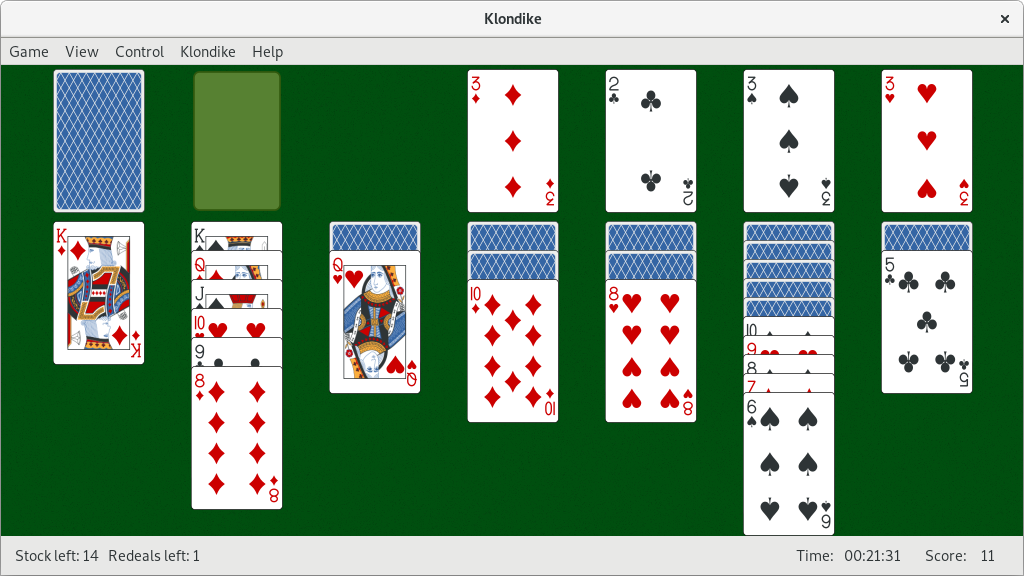 Official screenshot of Aislerot running the Klondike variant of solitaire.