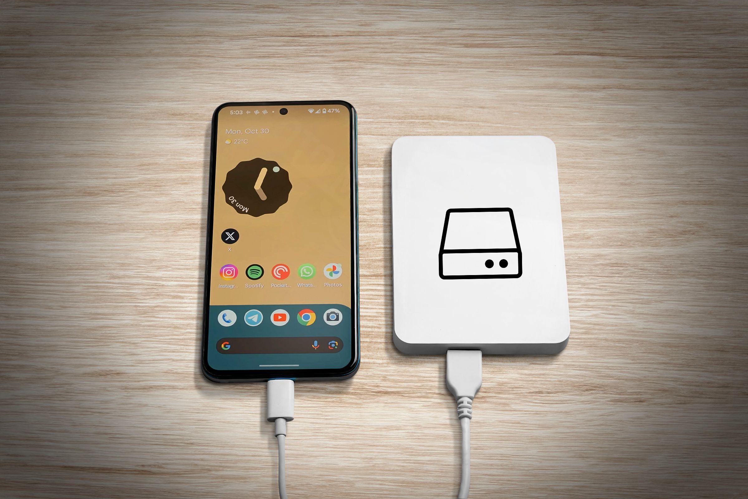 An Android phone on the left with android home screen and a Hard Drive on the right with a hdd logo