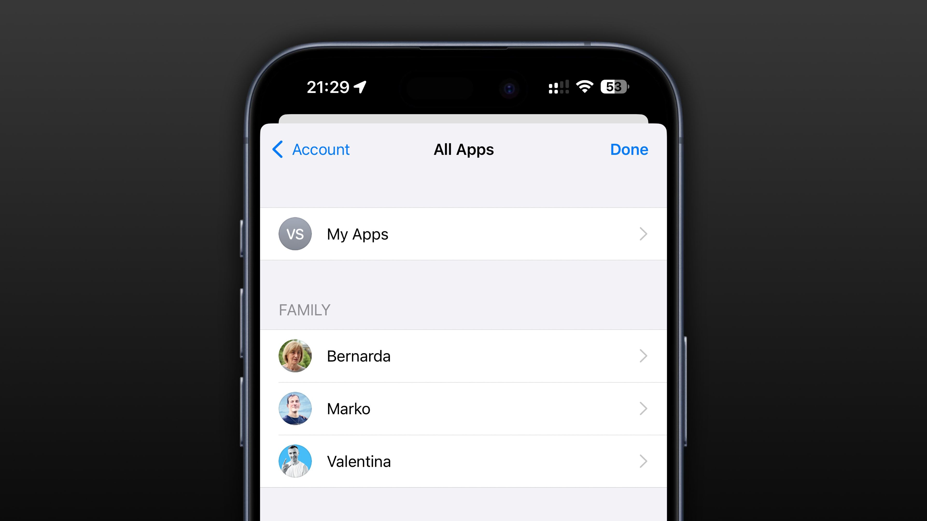 iPhone displaying a list of Family Sharing members in the App Store purchase history section.