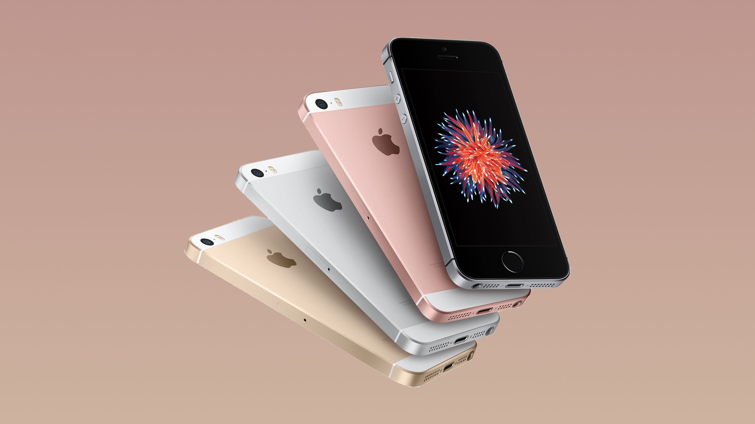 Four first-generation iPhone SE smartphones, fanned out and showcasing color finishes.
