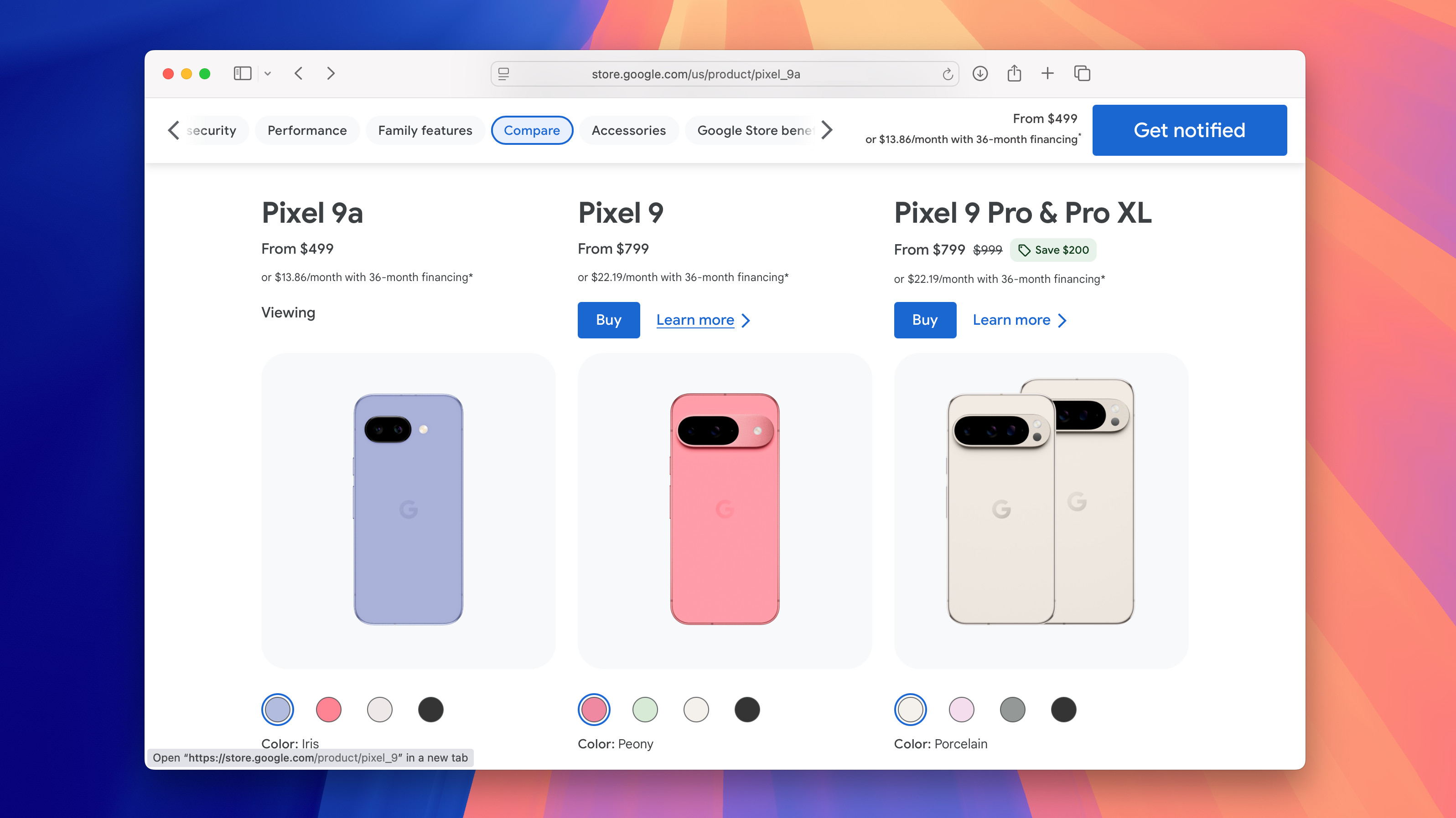 Safari showing prices of Google Pixel 9a and other phones from the Pixel 9 family.