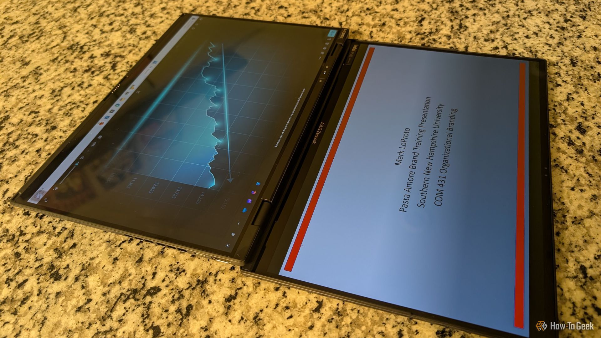 ASUS Zenbook Duo Sharing Mode with two screens facing opposite directions.