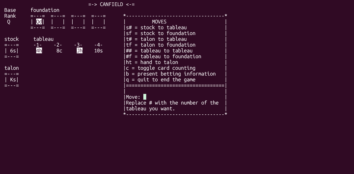 BSD game of Canfield solitaire in progress.