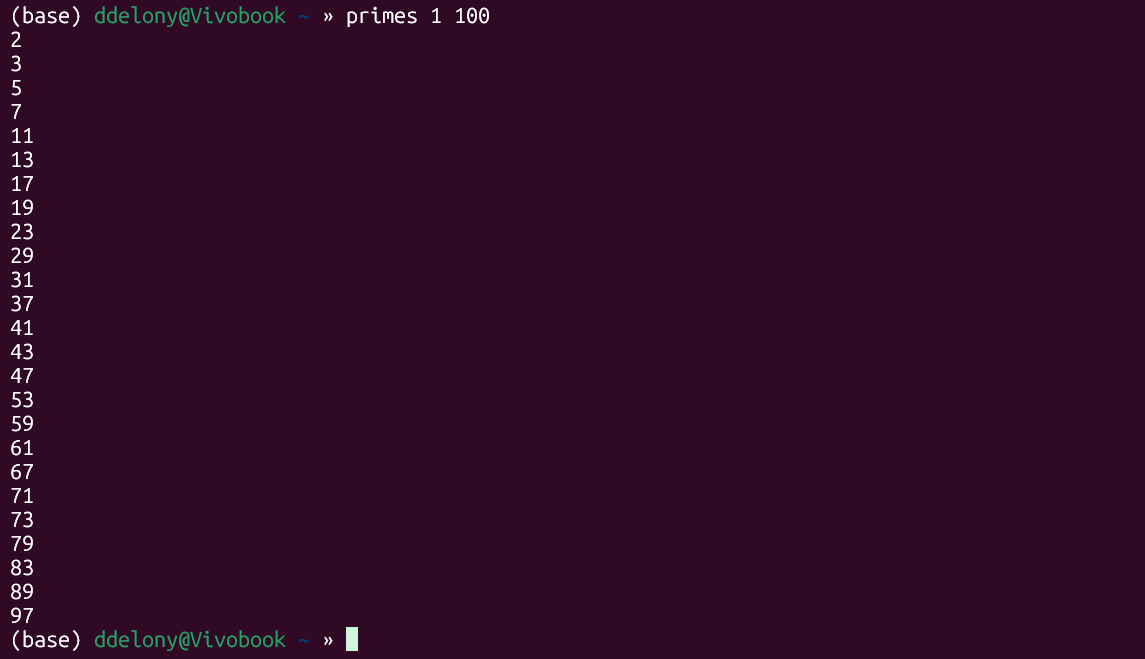 BSD primes command printing the prime numbers between 1 and 100 in the terminal.