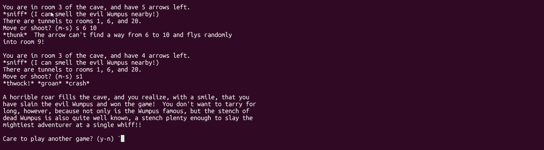 Game of BSD games version of Hunt the Wumpus in progress.