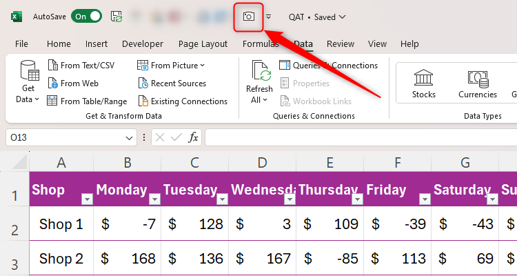 The Camera icon in Excel's QAT
