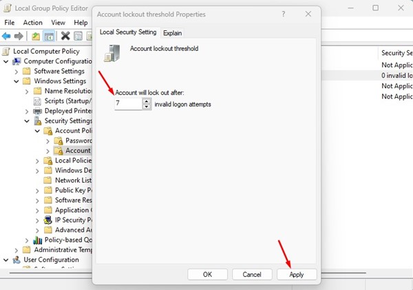 number of invalid logon attempts