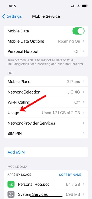 Cellular Data screen