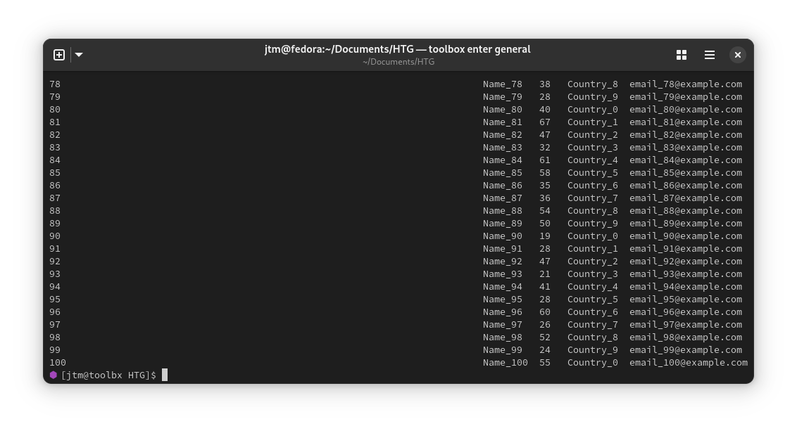 Output of the column command in a Linux terminal