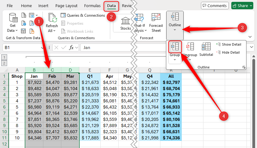 Columns B to D in Excel are selected, and the Group button in the Data tab on the ribbon is highlighted.