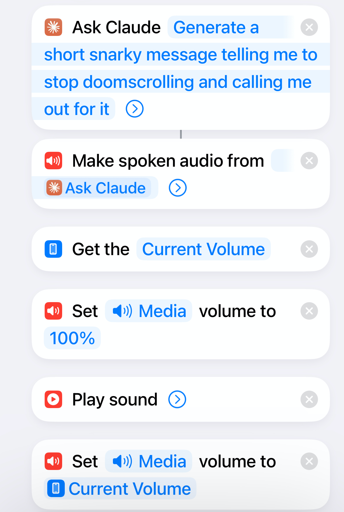 Completed doomscrolling shortcut in the Shortcuts app on iPhone.