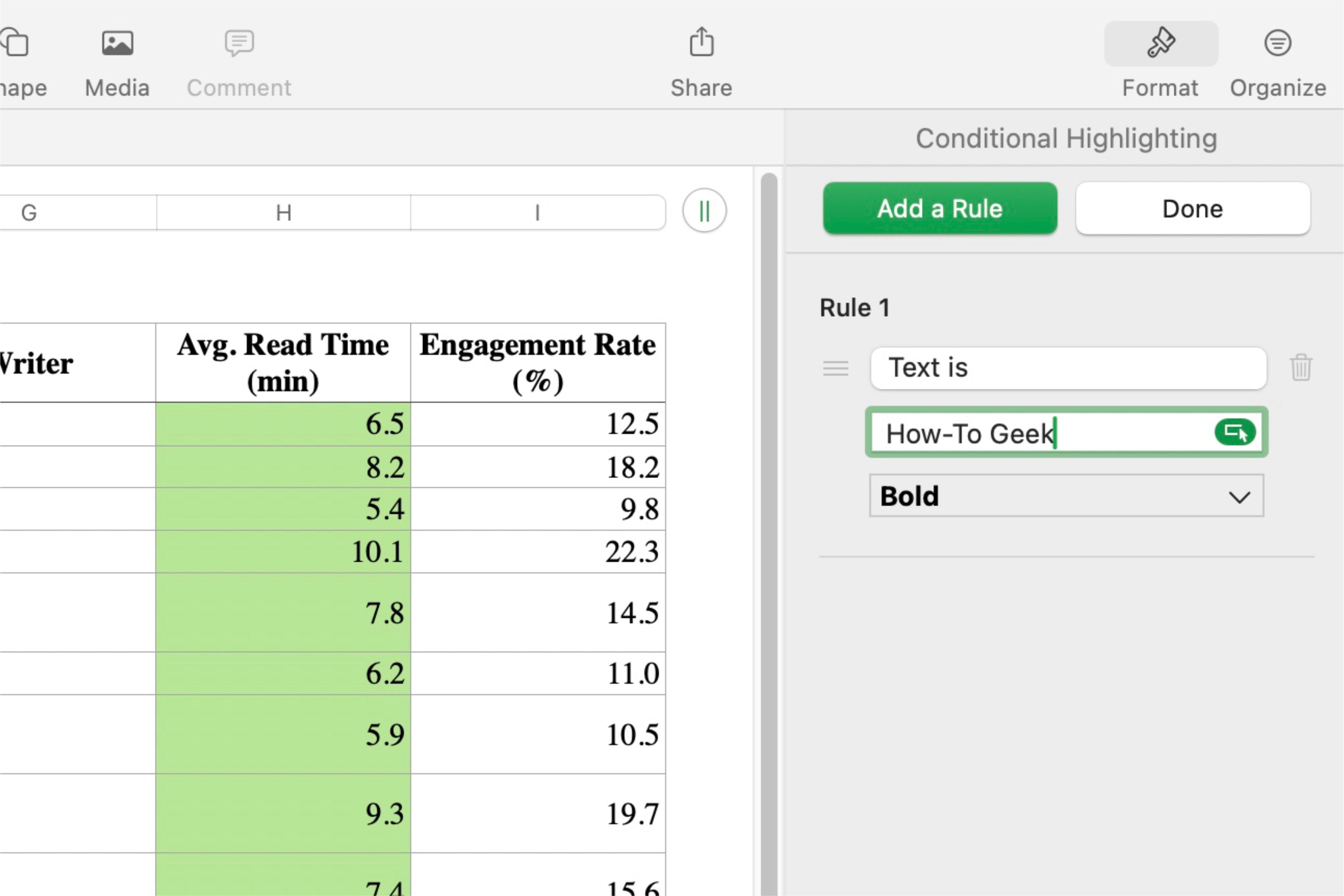 Conditional formatting options in Apple's Numbers app.