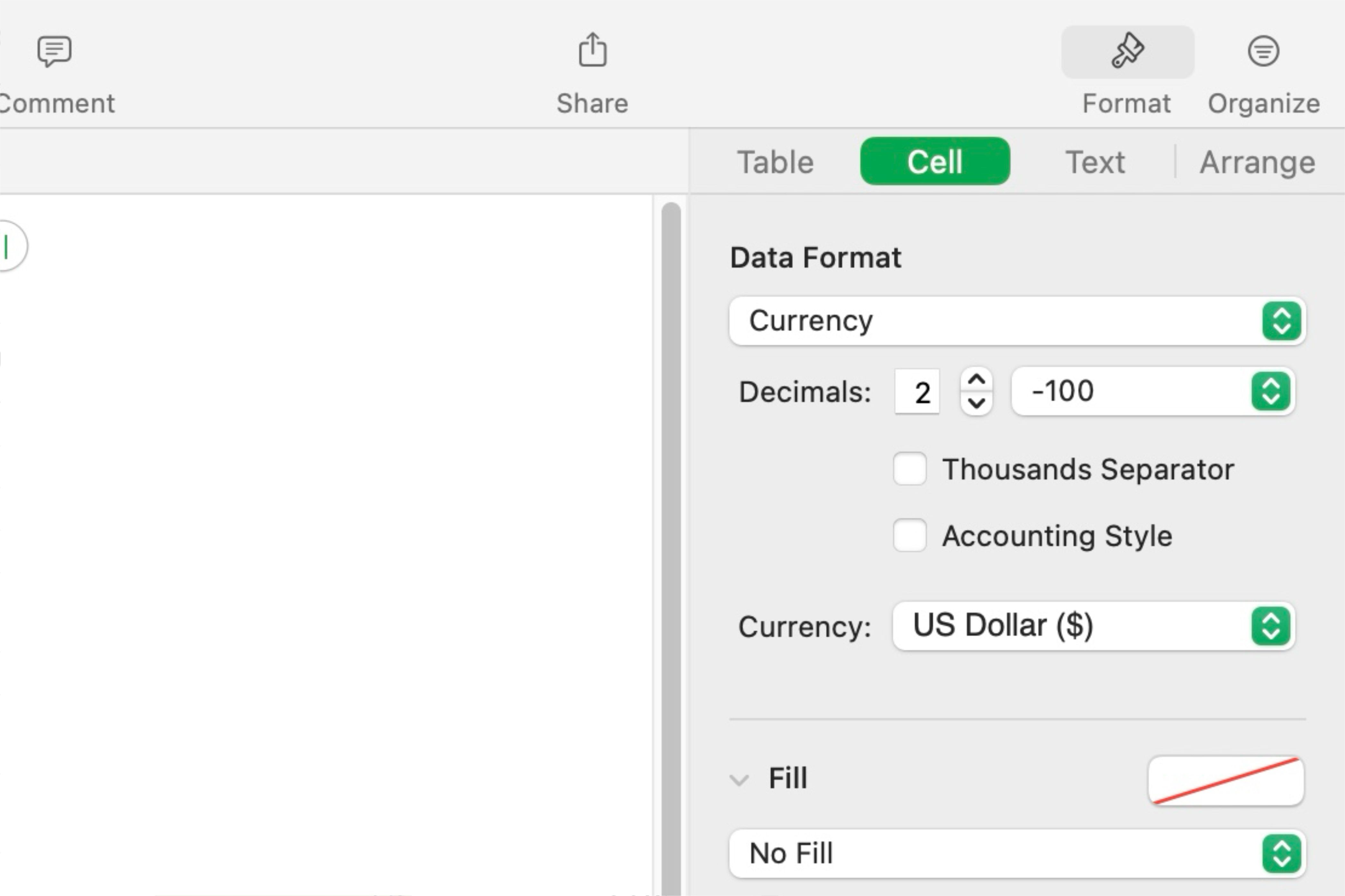 Data formatting in Apple's Numbers app on Mac.
