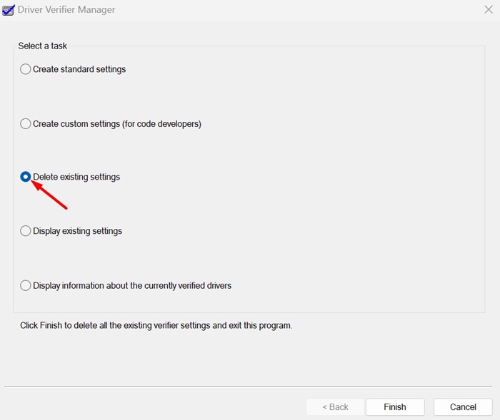 Delete existing settings