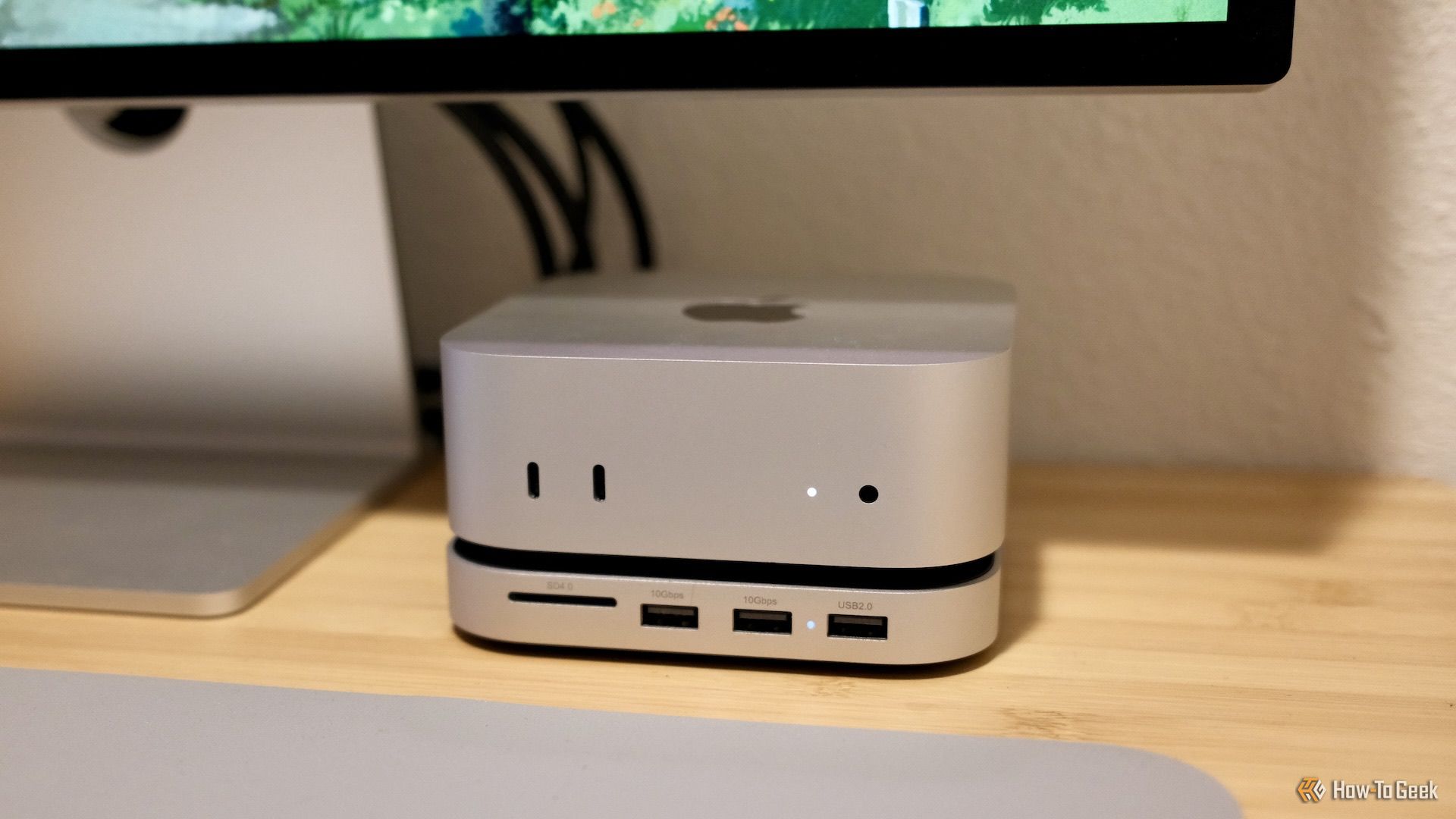 Satechi Mac Mini M4 Stand & Hub under a Studio Display.